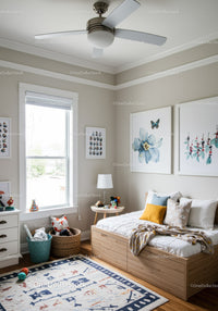 Cozy Kids Bedroom with Wooden Bed and Wall Art Decor
