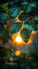 Close-Up of Dewy Green Leaves with Sunlight Through Rain