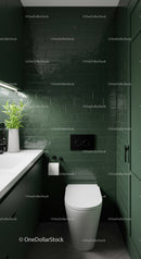 Modern Green Tiled Bathroom with White Toilet and Minimalist Decor