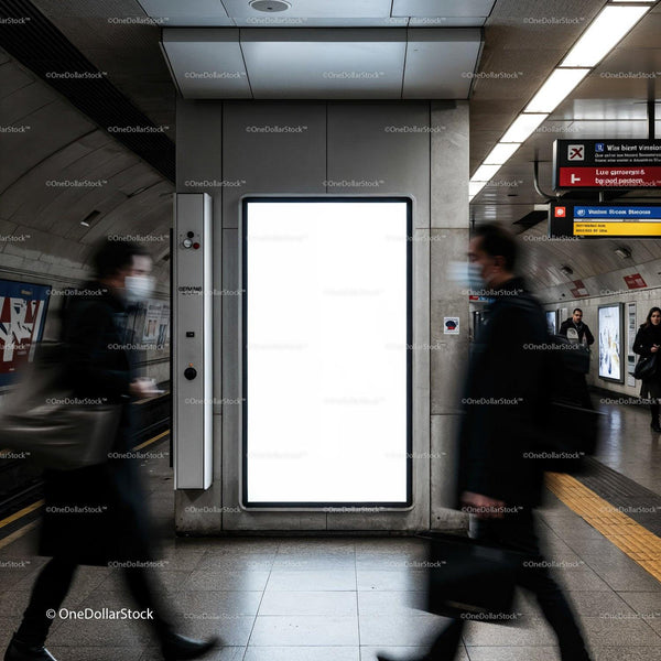 Blurred commuters walking past blank subway advertisement JPG Mockup Image