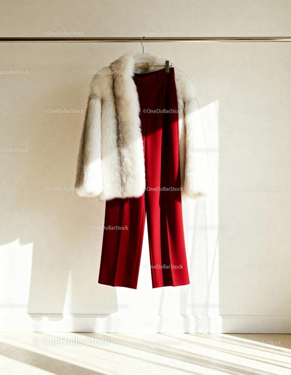 Red Trousers and Cream Fur Coat Hanging on Rail