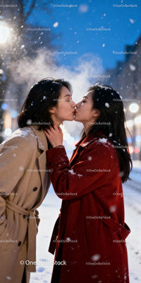 Couple sharing tender kiss outdoors on snowy winter evening