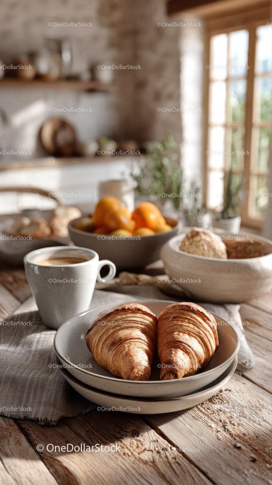 Rustic Breakfast with Croissants Coffee and Fresh Fruit Stock Photo Bundle (30 JPG Files)
