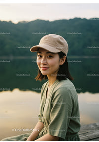 Young Woman in Green Dress Wearing Beige Cap Near Lake Landscape