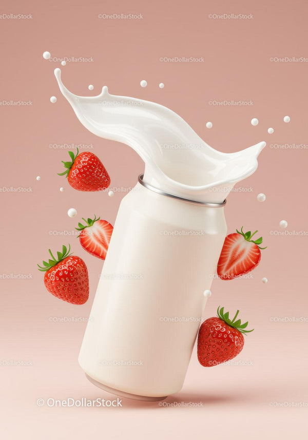 Creamy milk splash with fresh strawberries on pastel background JPG Mockup Image
