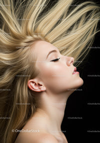 Blonde woman with flowing hair and closed eyes profile