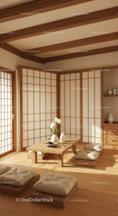 Serene Japanese Interior with Shoji Screens and Tatami Cushions