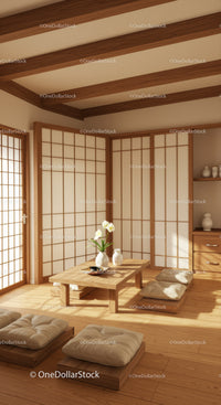 Serene Japanese Interior with Shoji Screens and Tatami Cushions