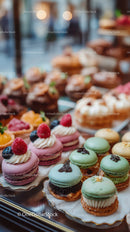 Colorful Assorted Macarons and Pastries in Elegant Bakery Display