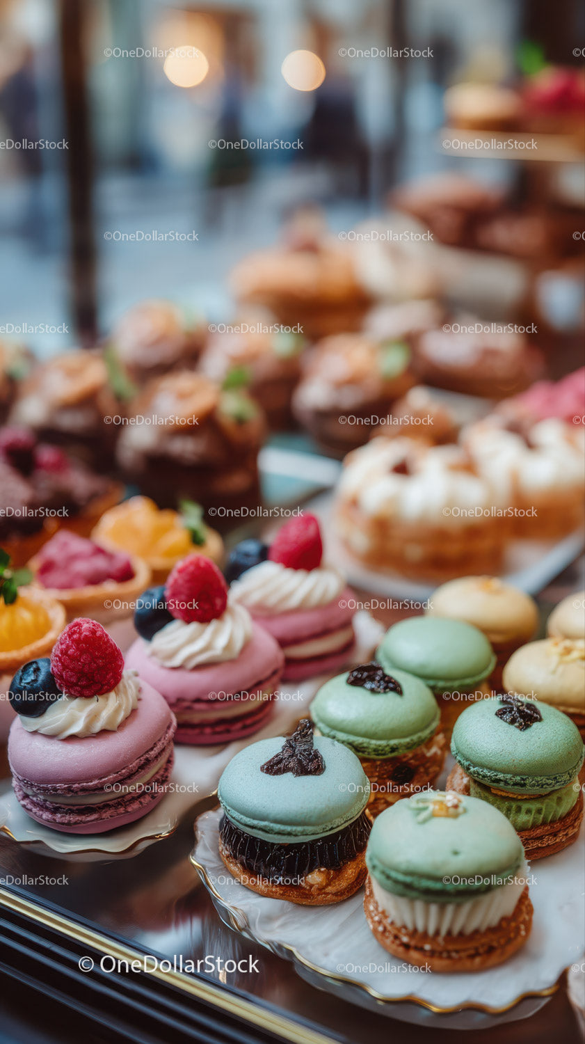 Colorful Assorted Macarons and Pastries in Elegant Bakery Display