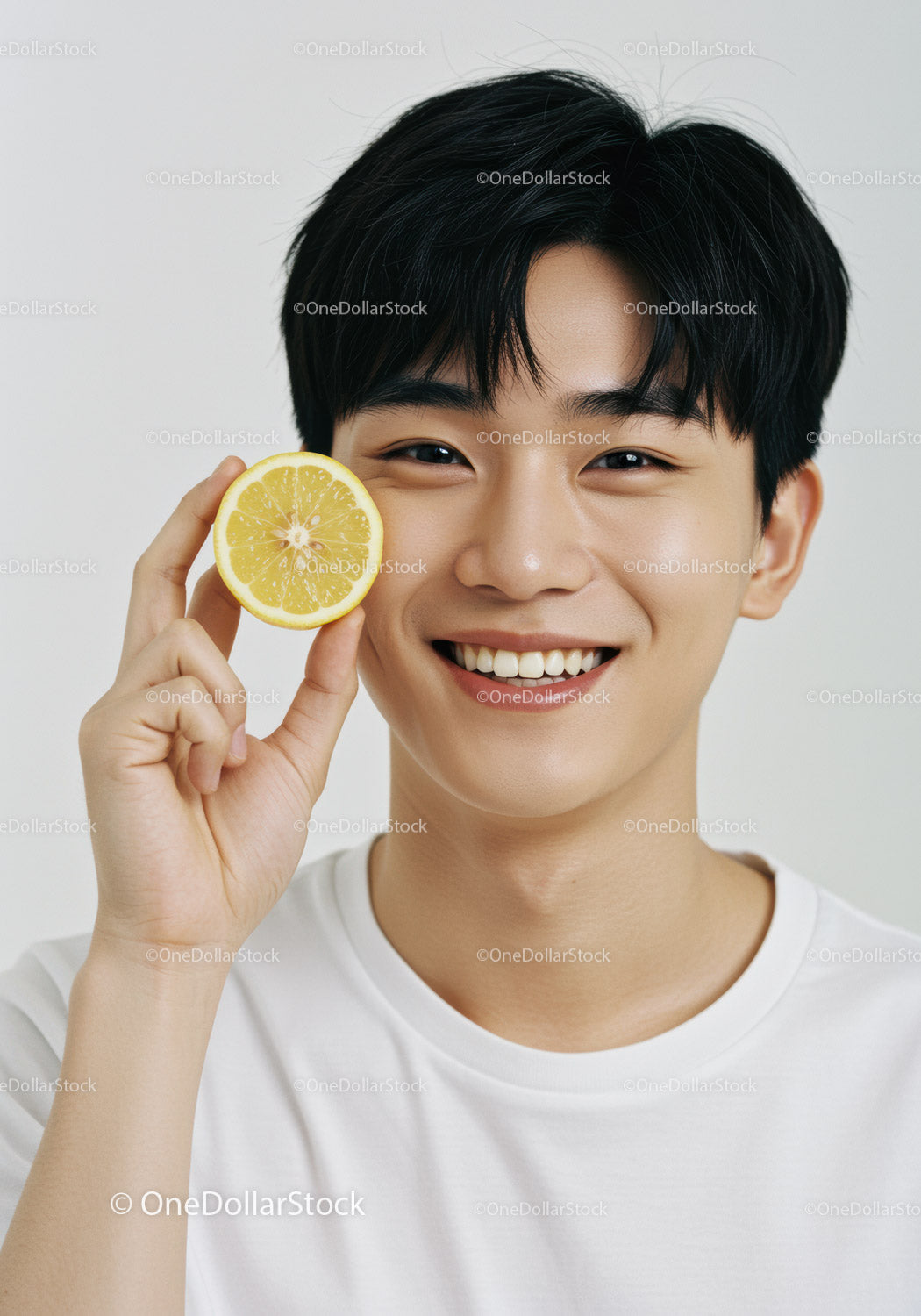Young Man with Fresh Lemon Half Smiling Brightly in White Background