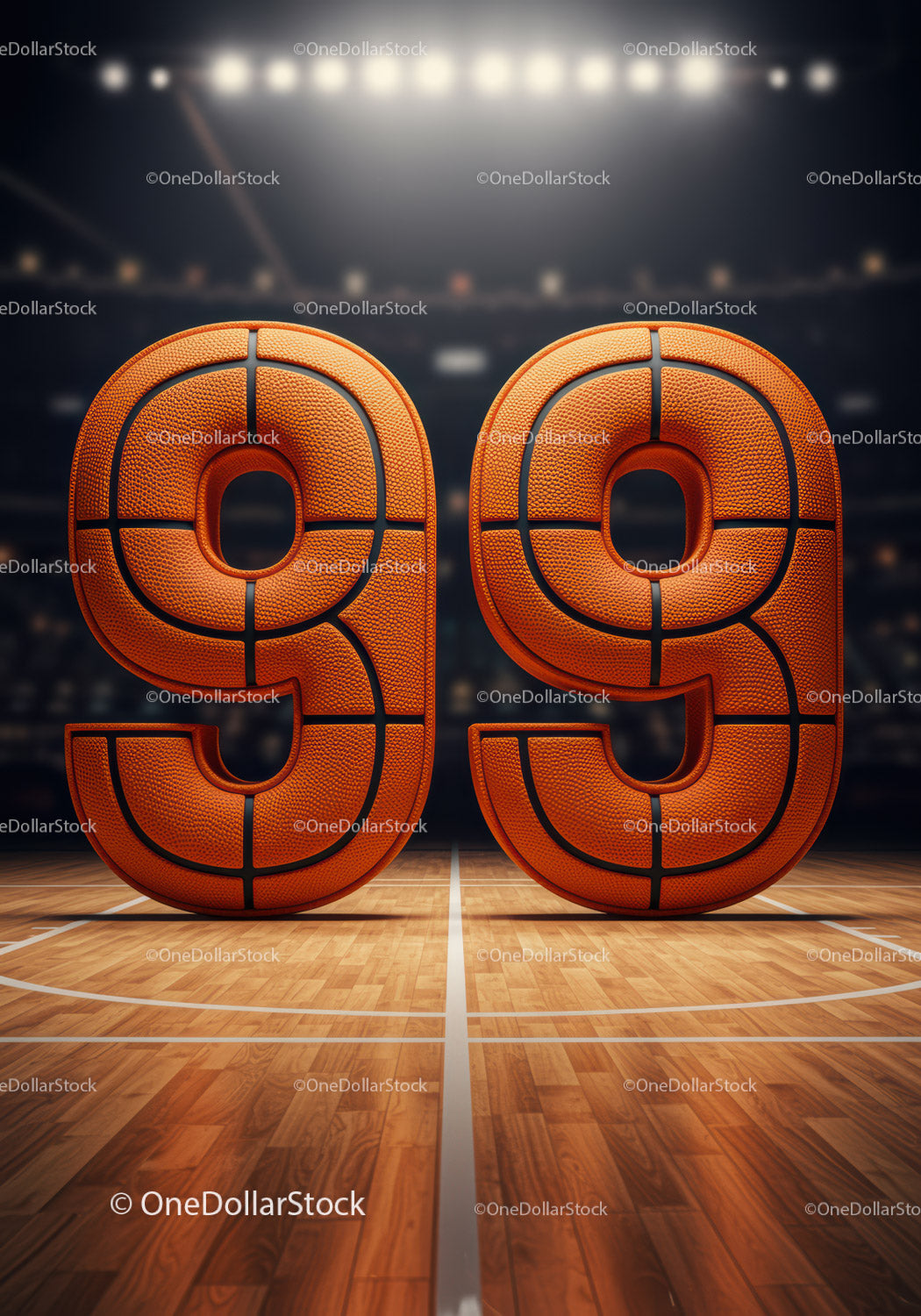Basketball numbers ninety nine on court hardwood floor