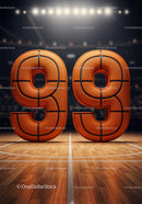 Basketball numbers ninety nine on court hardwood floor