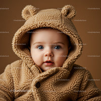 Adorable baby in cozy teddy bear hooded jacket