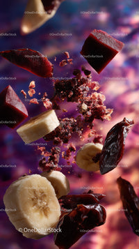 Colorful Assortment of Dried Fruits and Banana Slices in Midair