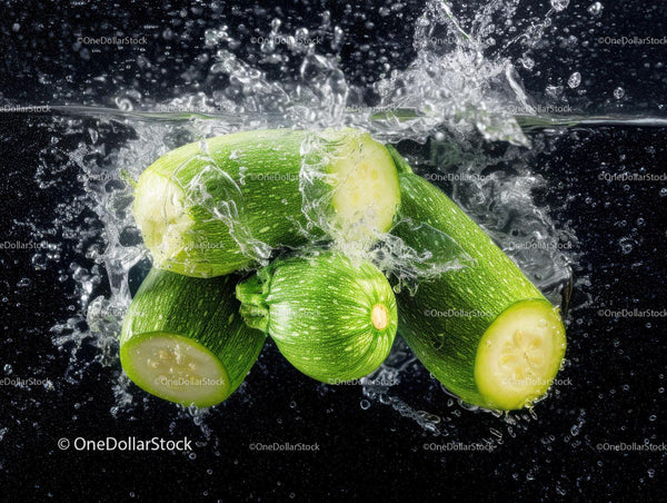 Fresh Green Zucchini Splashed with Water Against Black Background