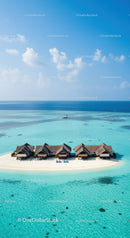 Tropical Overwater Bungalows on White Sand Beach Overlooking Calm Ocean