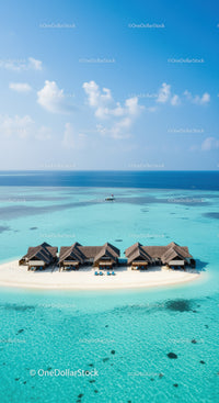 Tropical Overwater Bungalows on White Sand Beach Overlooking Calm Ocean