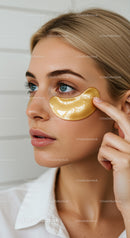 Elegant Young Woman with Blue Eyes Applying Gold Under-Eye Patches