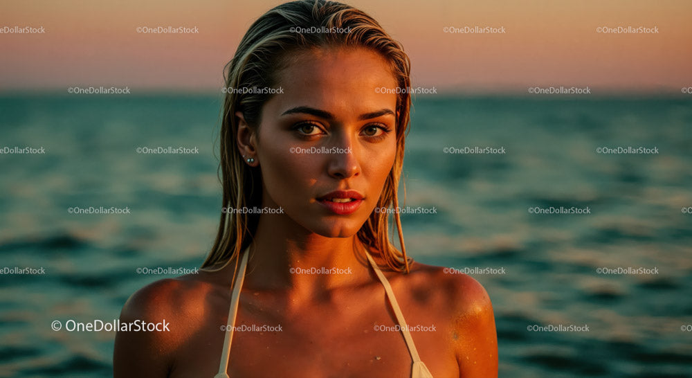 Glamorous Woman Sunset Portrait at the Beach with Ocean View