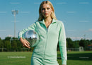 Young Woman in Green Tracksuit with Disco Ball on Sports Field