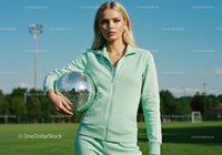 Young Woman in Green Tracksuit with Disco Ball on Sports Field