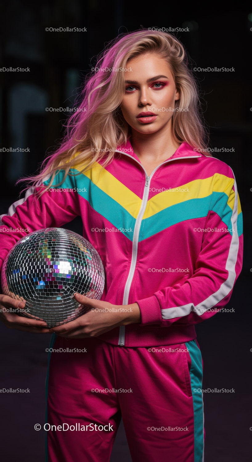 Vibrant Fashion Portrait of Young Woman in Colorful Tracksuit with Disco Ball