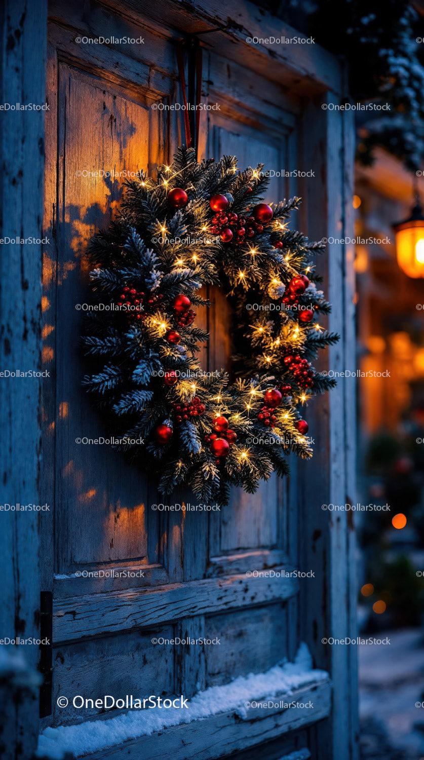Festive Christmas Wreath on Rustic Wooden Door