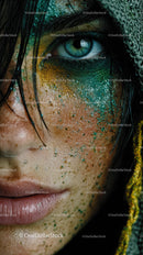 Close-up of Vibrant Green and Yellow Eye with Glitter Makeup