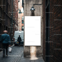 Blank urban billboard on narrow city street wall