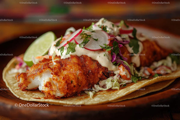 Crispy Fish Taco With Fresh Vegetables and Lime Wedge