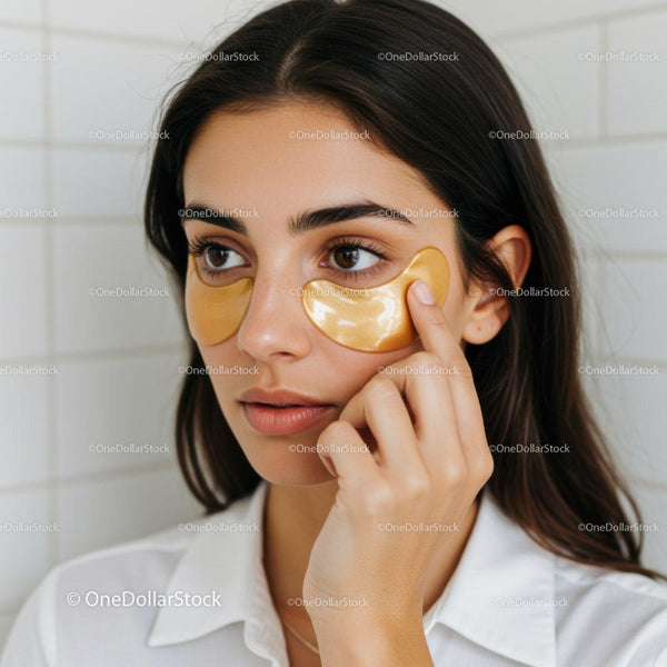 Relaxing Woman Applying Gold Eye Mask for Skincare and Wellness