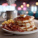 Stack of Fluffy Pancakes with Syrup Bacon and Coffee