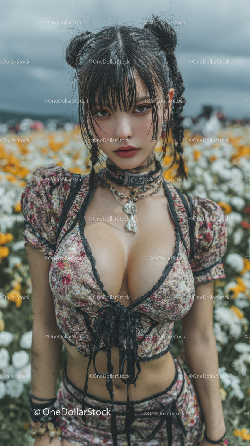 Stylish Young Woman with Edgy Fashion in Flower Garden