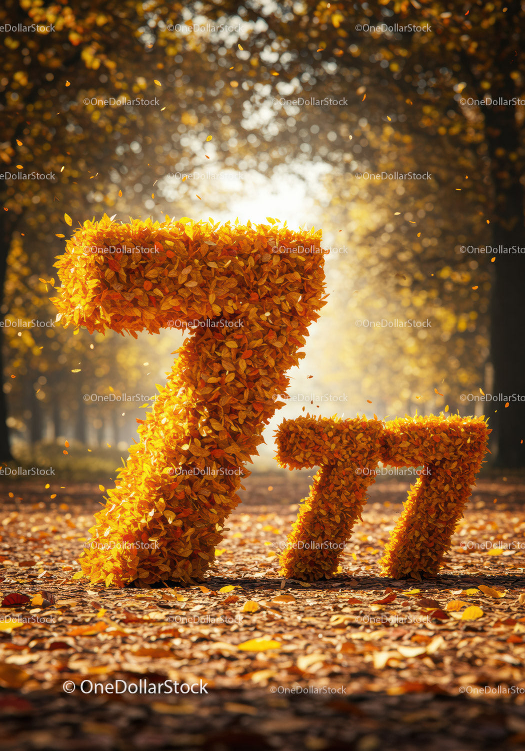 Autumn leaves form vibrant number seven on path