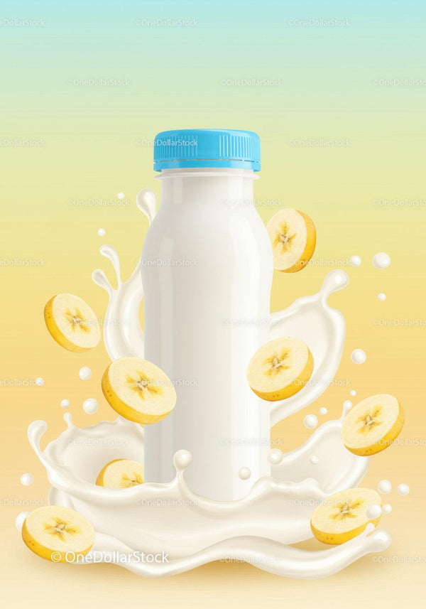 Refreshing Banana Milk Splash with Sliced Fruit JPG Mockup Image