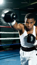 Focused boxer throwing a powerful punch in gym ring