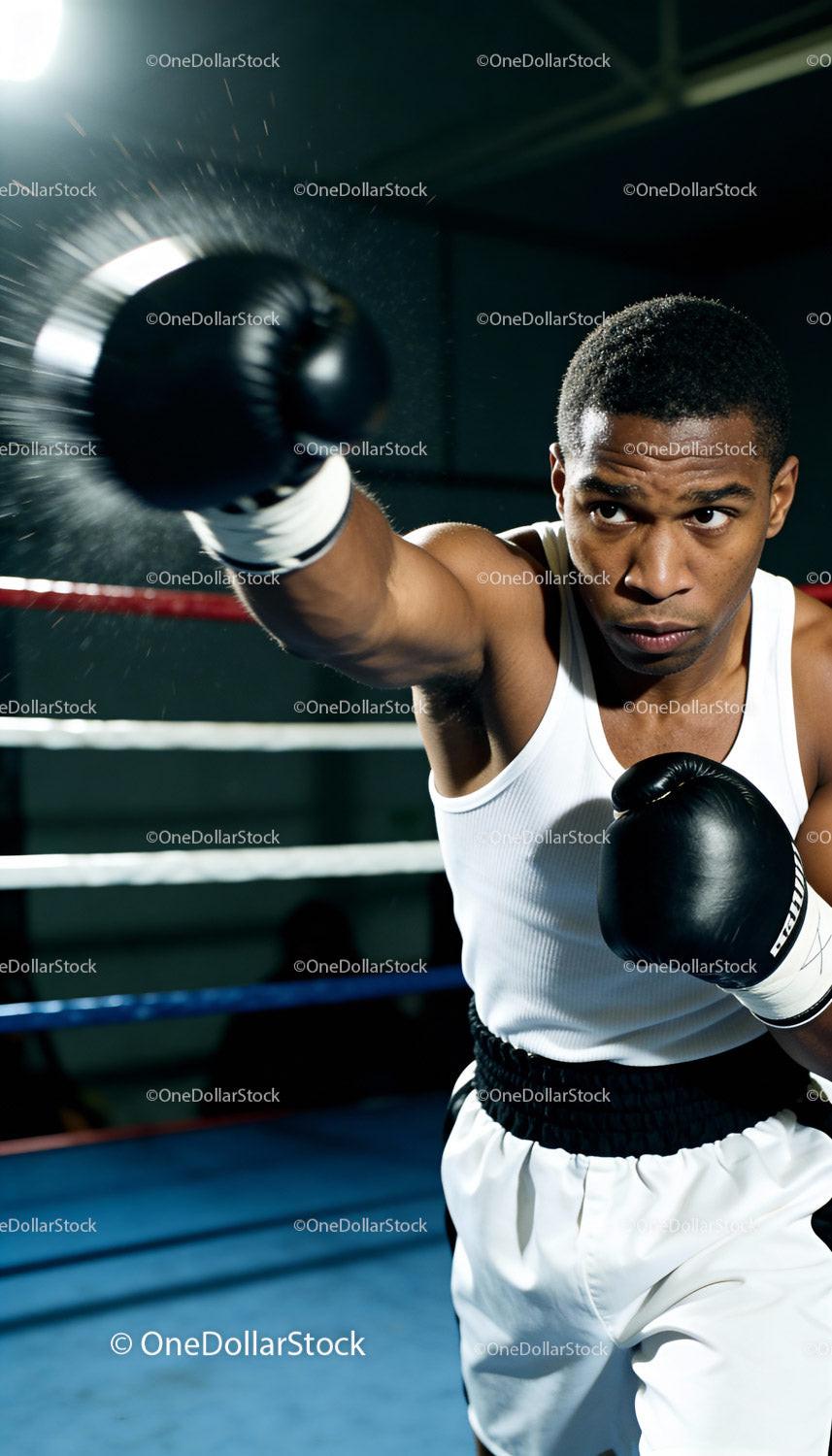 Focused boxer throwing a powerful punch in gym ring