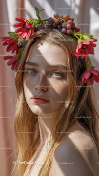 Young Woman with Red Floral Crown and Purple Grapes Outdoor Portrait