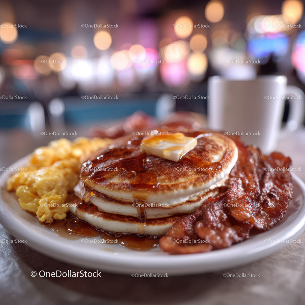 Stack of Fluffy Pancakes with Syrup Bacon and Eggs in a Cozy Cafe
