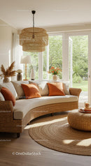 Cozy sunlit living room with wicker furniture and warm accents