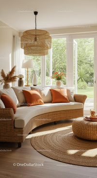 Cozy sunlit living room with wicker furniture and warm accents