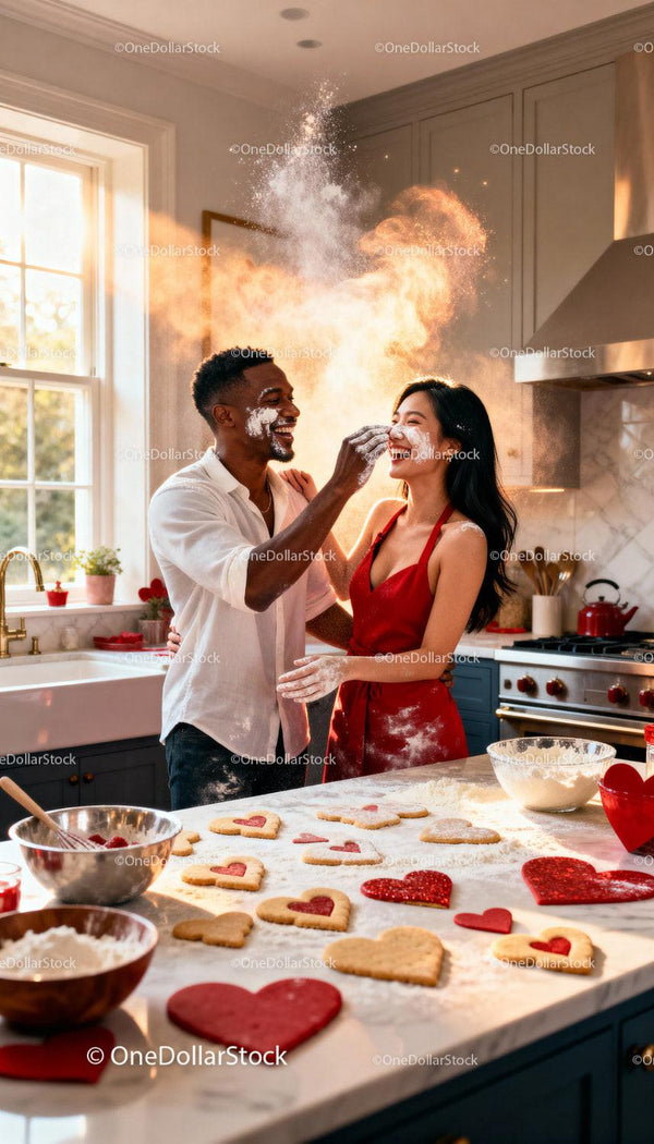 Couple Playfully Baking Heart Cookies Together