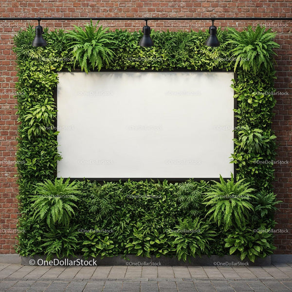 Blank White Signboard Framed by Green Plants on Brick Wall JPG Mockup Image