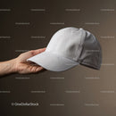 Hand Holding a Plain White Baseball Cap Against Brown Background