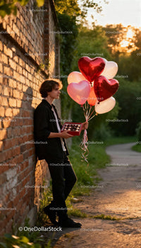 Young man holding heart balloons and chocolates at sunset