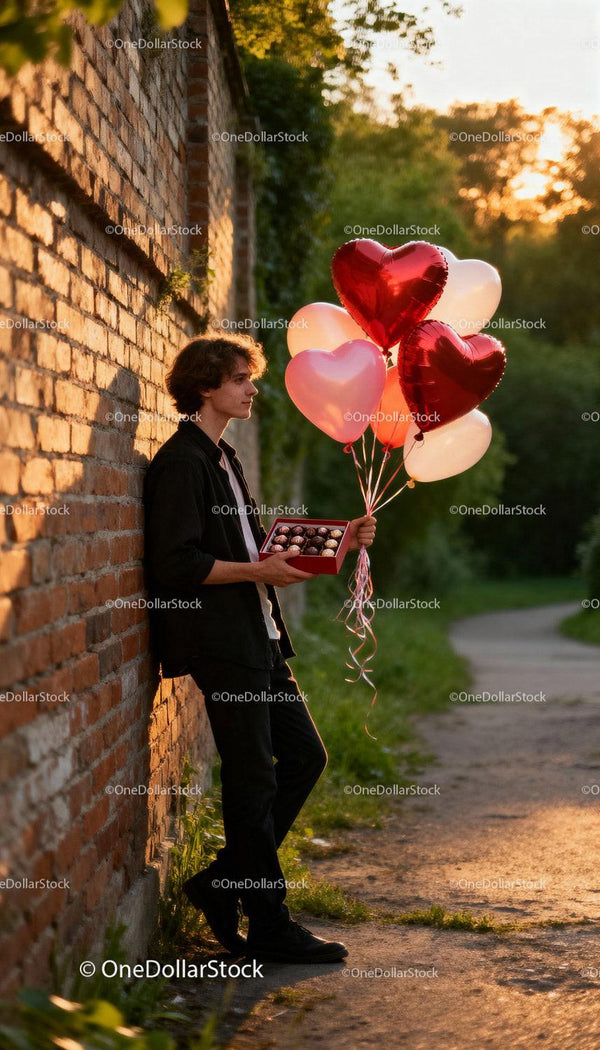 Young man holding heart balloons and chocolates at sunset