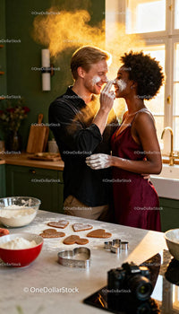 Couple playfully baking heart shaped cookies at home
