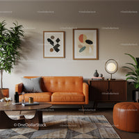 Modern living room with warm leather sofa and decor