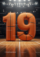 Number 19 shaped like basketball on court floor